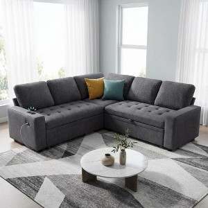 Dyonery 85" Modular L-Shaped Sleeper Sofa Bed, 5-Seat Sectional Couch in Plush Chenille with Adjustable Backrest and USB Ports - 1 of 4