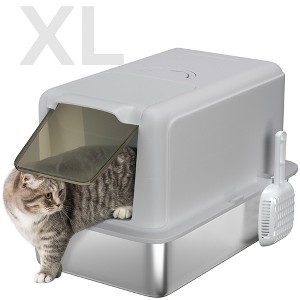 PawHut Stainless Steel Cat Litter Box, Extra Large 2 in 1 Kitty Litter Box with Removable Lid, Scoop, Filter Bags, for Small to Large Cats, Gray - 1 of 4