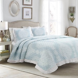 Full/Queen 3pc Lucianna Ruffle Edge Cotton Bedspread Set Blue - Lush Décor
