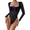 Women's Embroidered Tie-Front Bodysuit Sheer Black Long-Sleeve Lingerie for a Chic Look - 4 of 4