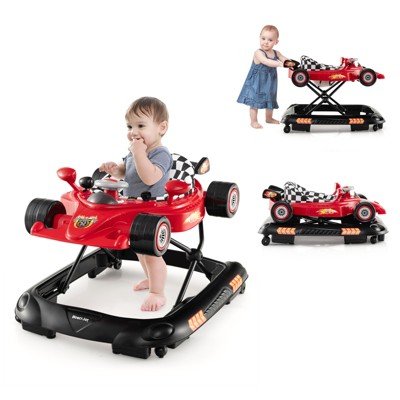 Safstar 4-in-1 Baby Walker, Foldable Infant Activity Push Walker, w/Adjustable Heights, Music, Lights, Removable Tray, for 7-14 Months, Red