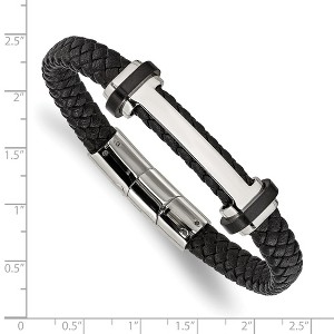 Chisel Stainless Steel Polished Braided Black Leather 8" Plus a .5" Extension Bracelet - 1 of 4
