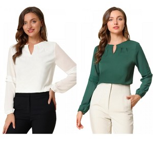 Allegra K Women's Chiffon Semi Sheer Keyhole Neck Elegant Work Blouse 2 Packs - 1 of 4