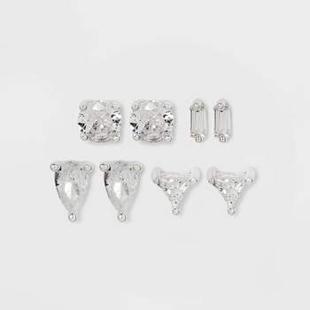 Sterling Silver Rectangle Pear Cubic Zirconia Stud Earring Set 4pc - A New Day™