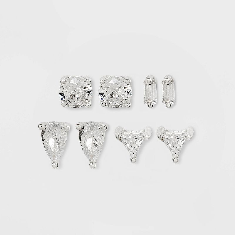 Sterling Silver Rectangle Pear Cubic Zirconia Stud Earring Set 4pc - A New Day&#8482;, 1 of 3