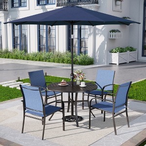 Captiva Designs 6pc Patio Dining Set with round steel table & Blue Sling Chairs & Navy Umbrella - 1 of 4