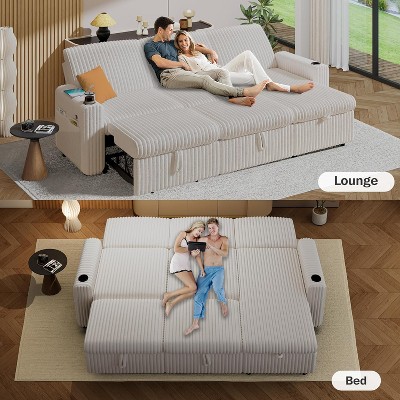 Vipbear 101" Sectional Sleeper Sofa Bed, Pull-Out Bed, Reclining Backrest, Reversible Storage Chaise, USB Ports & Cup Holders