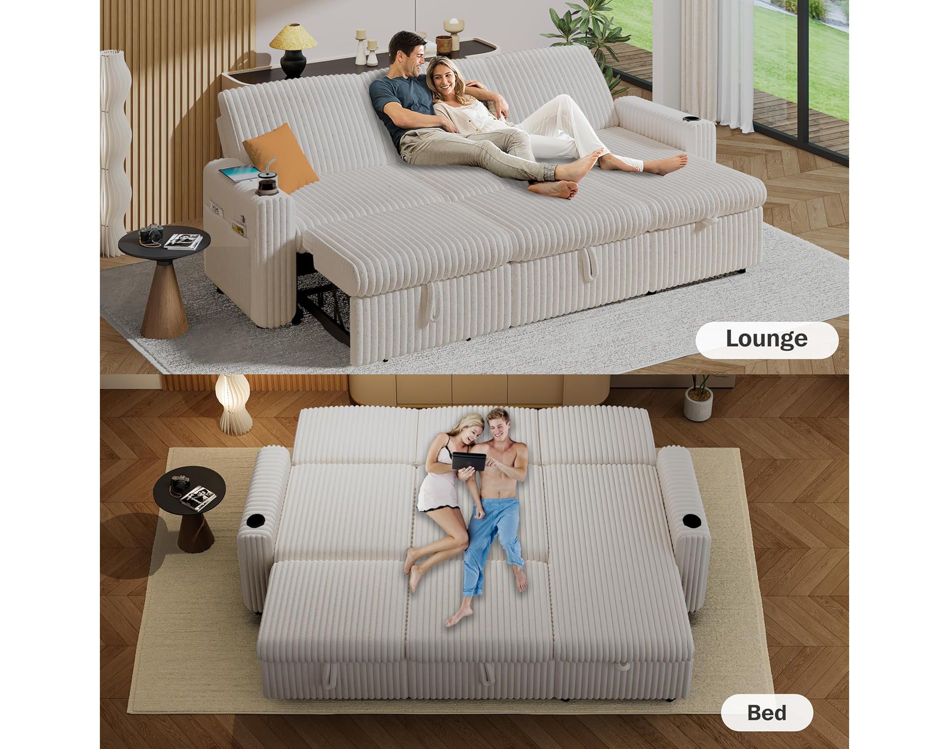 Vipbear 101" Sectional Sleeper Sofa Bed, Pull-Out Bed, Reclining Backrest, Reversible Storage Chaise, USB Ports & Cup Holders