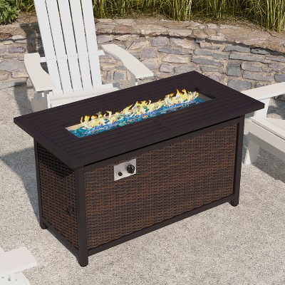 Black and Espresso Wicker Gas Fire Pit Table with Steel Top