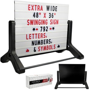 Excello Global Products Swinging Changeable Message Sign: 36" x 48" Sign , 792 Double Sided Letters/Storage Box. Black Board/Letter Board (Black Legs) - 1 of 4