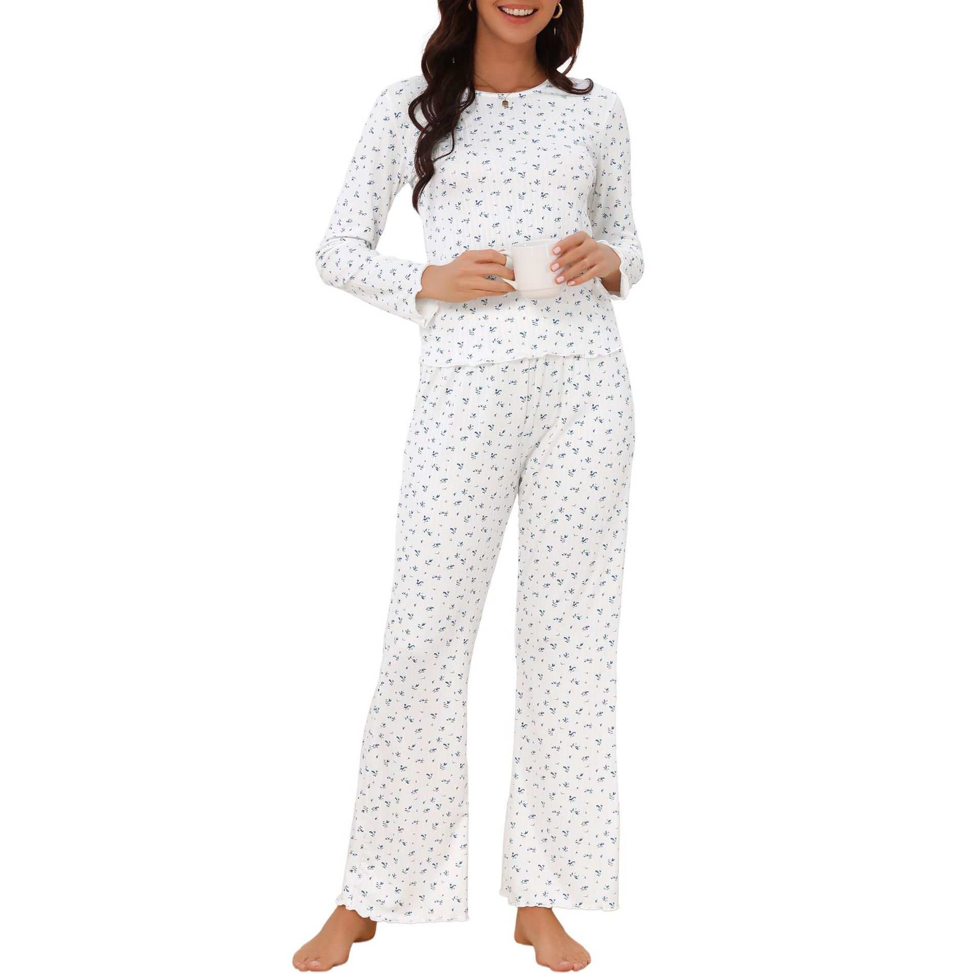 cheibear Women's 2 Pcs Floral Print Ribbed Knit Ruffle Long Sleeve Round Neck Tops and Pants Pajama Sets