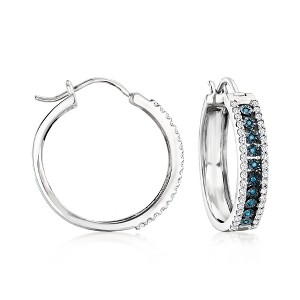 Ross-Simons 0.50 ct. t.w. White and Blue Diamond Hoop Earrings in Sterling Silver - 1 of 4