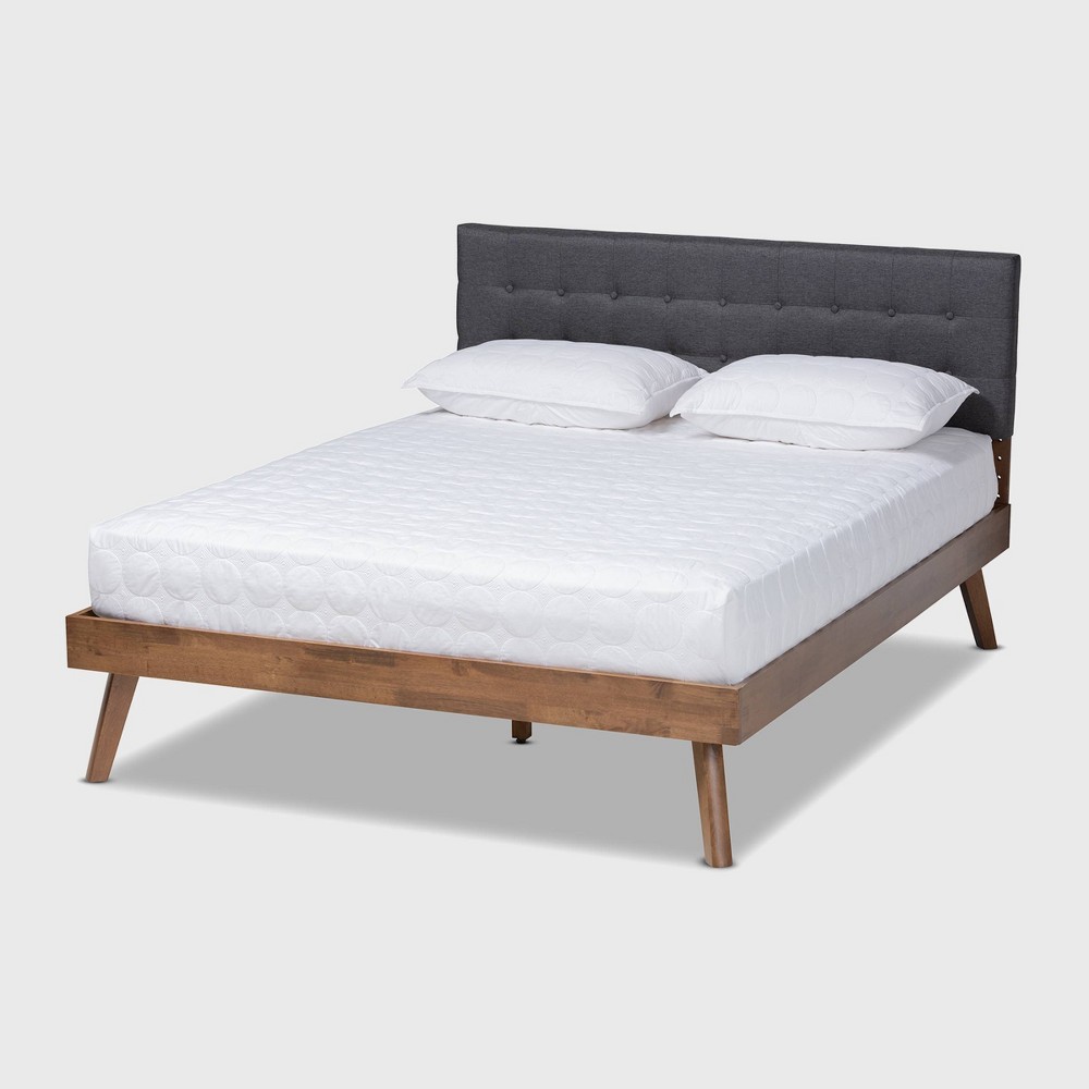 Photos - Bed Baxton Studio Queen Devan Fabric Upholstered Walnut Finished Platform  Dark Gray: Mid-Century Modern, No Box Spring Neede