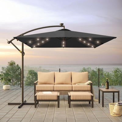 Sonkuki 8.2x8.2 FT Outdoor LED Solar Lighted Hanging Umbrella Patio Offset W/t Cross Fade-resistant, 360° Rotation