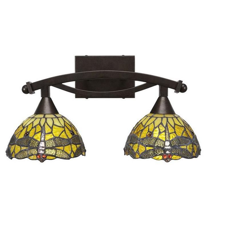 Toltec Lighting Bow 2 - Light Vanity in  Bronze with 7" Amber Dragonfly Art Glass Shade, 1 of 2