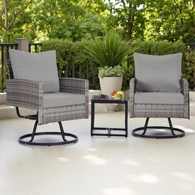 3-Piece Outdoor Patio Rattan Conversation Swivel Chairs Set with 2 Swivel Chair and Coffee Table