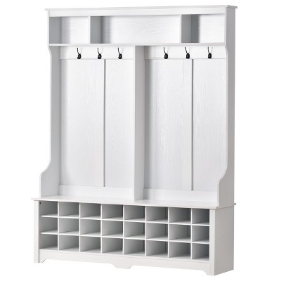 NicBex Coat and Shoe Rack Entryway Hall Tree with Bench with 6 Hooks, 24 Independent Open Shoe Cubbies, and 3 Shelves, White