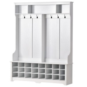 NicBex Coat and Shoe Rack Entryway Hall Tree with Bench with 6 Hooks, 24 Independent Open Shoe Cubbies, and 3 Shelves, White - 1 of 4