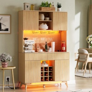 PAKASEPT 70" Fluted Coffee Bar Cabinet with Power Outlet & Light, Kitchen Hutch with Drawers, Shelf and Wine Glass Rack, Pantry China Cabinet for Home - 1 of 4