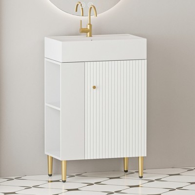 GlasFlength Bathroom Storage Cabinets, Freestanding, Open shelving Bathroom Vanity，Assembly Required, White, 21.6"*12.2"*33.8"