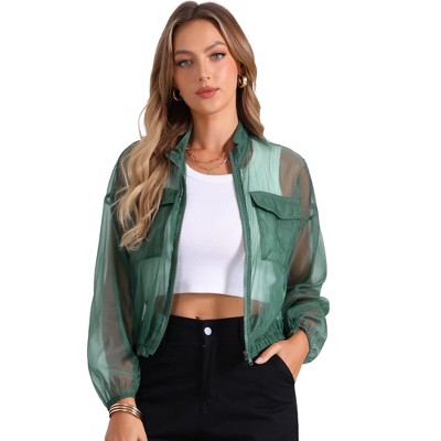 INSPIRE CHIC Women's Zip-Up Long Sleeve See-Through Bomber Jacket