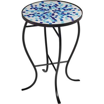 Teal Island Designs Modern Black Round Outdoor Accent Side Table 14" Wide Multi Blue Mosaic Tabletop for Front Porch Patio House Balcony