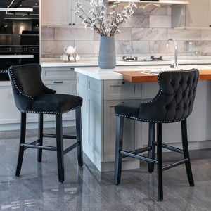 QingMoon Velvet Bar Stools Set of 2, with Button Tufted Decoration, Solid Wood Legs, for Kitchen Island Dining, Cafe, Pub - 1 of 4