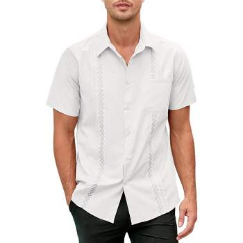Men's Cotton Linen Shirt Short Sleeve Cuban Guayabera Casual Summer Beach Button Down Shirts with Pocket