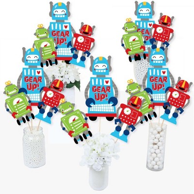 Big Dot of Happiness Gear Up Robots - Birthday Party or Baby Shower Centerpiece Sticks - Table Toppers - Set of 15