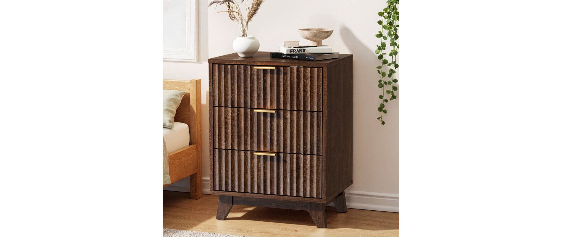 Karl Home 17.72 Inch 3 Drawer Grid Pattern Nightstand with US Standard Power Outlets