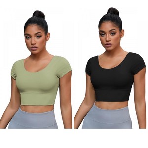 INSPIRE CHIC 2 Pcs Women's U Neck Short Sleeve Deep V Back Workout Tank Tops with Built-in Bras - 1 of 4