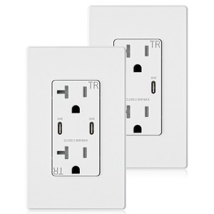 ELEGRP 30W USB Outlets Receptacles, 20 Amp Outlet with Dual USB C Ports for Support Fast Charge Protocols,w/Wall Plate, UL Listed,White,2 Pack - 1 of 1