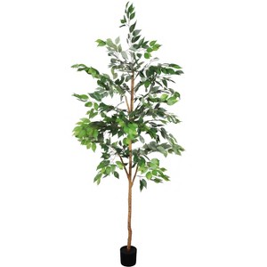 Gulches 6FT in Artificial Green Leaf Ficus Tree with Natural Real Wood Trunk in Black Plastic Pot 1pc Set UV Resistant Indoor Home Office Decor - 1 of 4