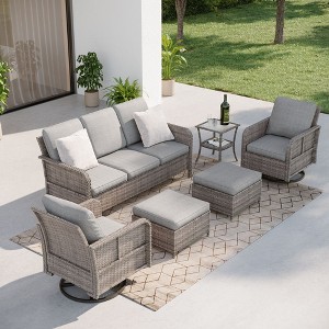 Sonkuki 6 Pieces Patio Sofa with Swivel Rocking Chairs Set, All-Weather PE Rattan Conversation Couch with Cushion - 1 of 4