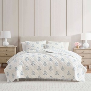 Martha Stewart Flower Block Print Quilt Bedding Set Blue - 1 of 4