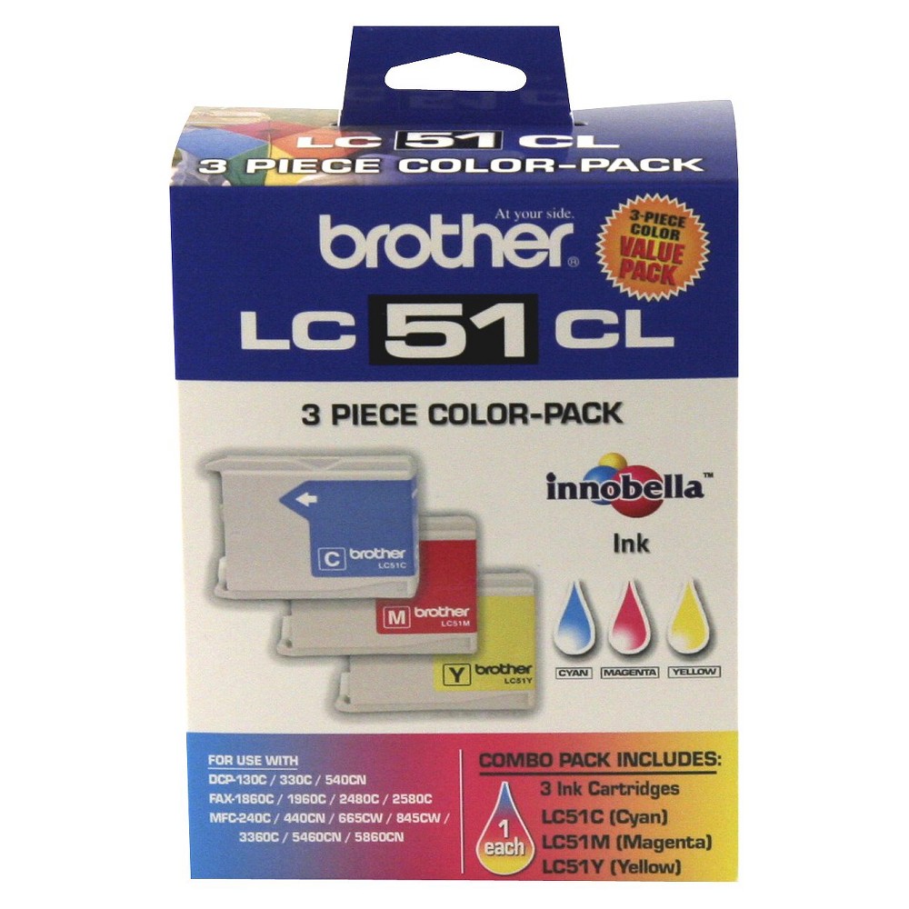 Brother LC51 C/M/Y 3pk Ink Cartridges - Cyan, Magenta, Yellow (LC513PKC), Blue/Pink/Yellow