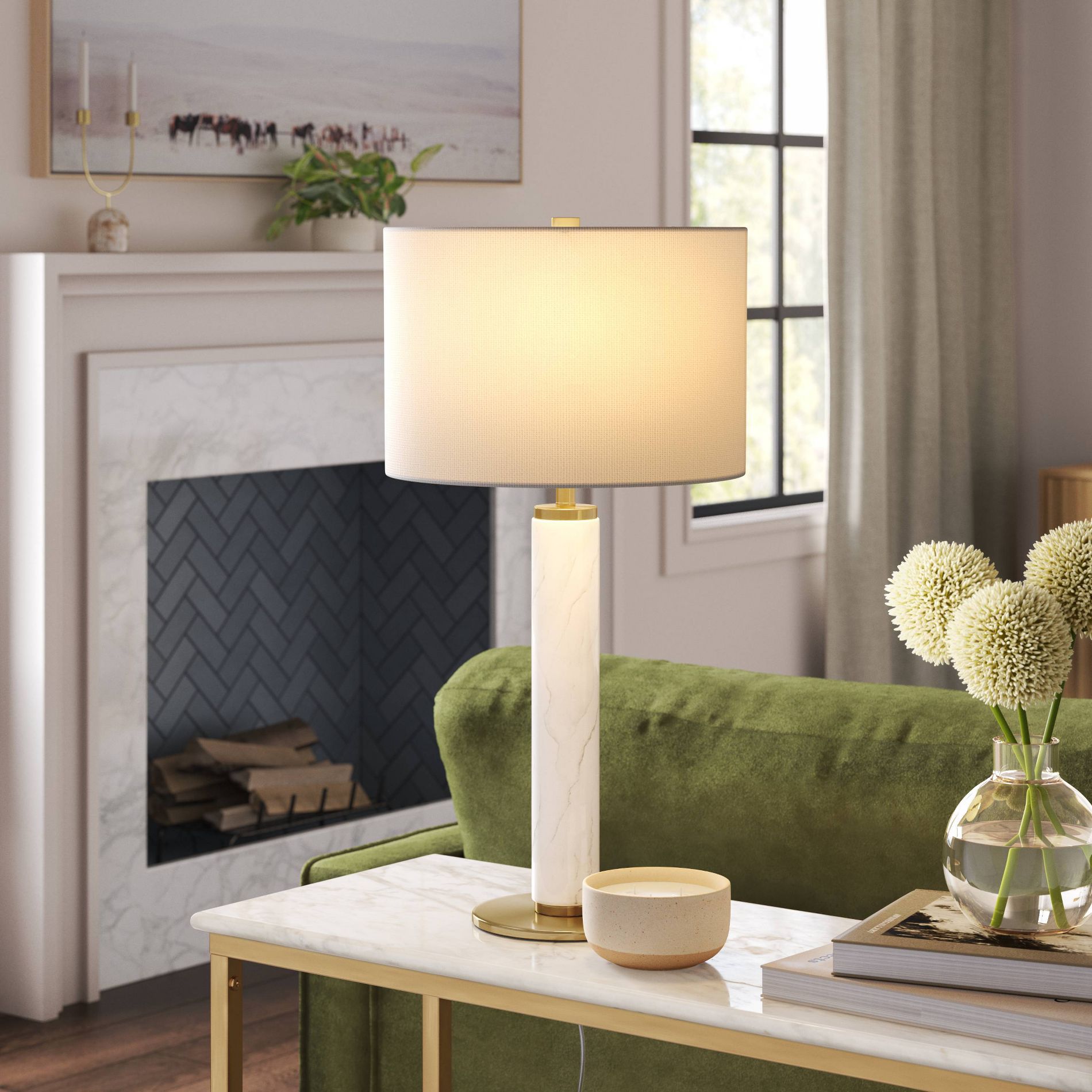 Faux Marble Stick Table Lamp White - Threshold™: Gold Base, Linen Drum Shade, No Assembly Required