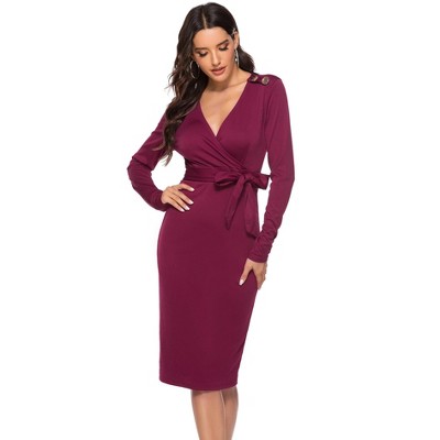 Womens Long Sleeve Slim Midi Dress Wedding Guest Bodycon Dress with Belt Criss Cross V-Neck Elegant