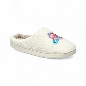 Aéropostale Women’s Fuzzy “Galaxy Heart” Mule Slippers – Ivory Slip-On House Shoes with Pink Heart-Planet & Blue Ring Embroidery - 1 of 4