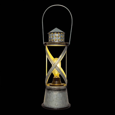 Vintage Silver Metal Hurricane Lantern with LED Lights
