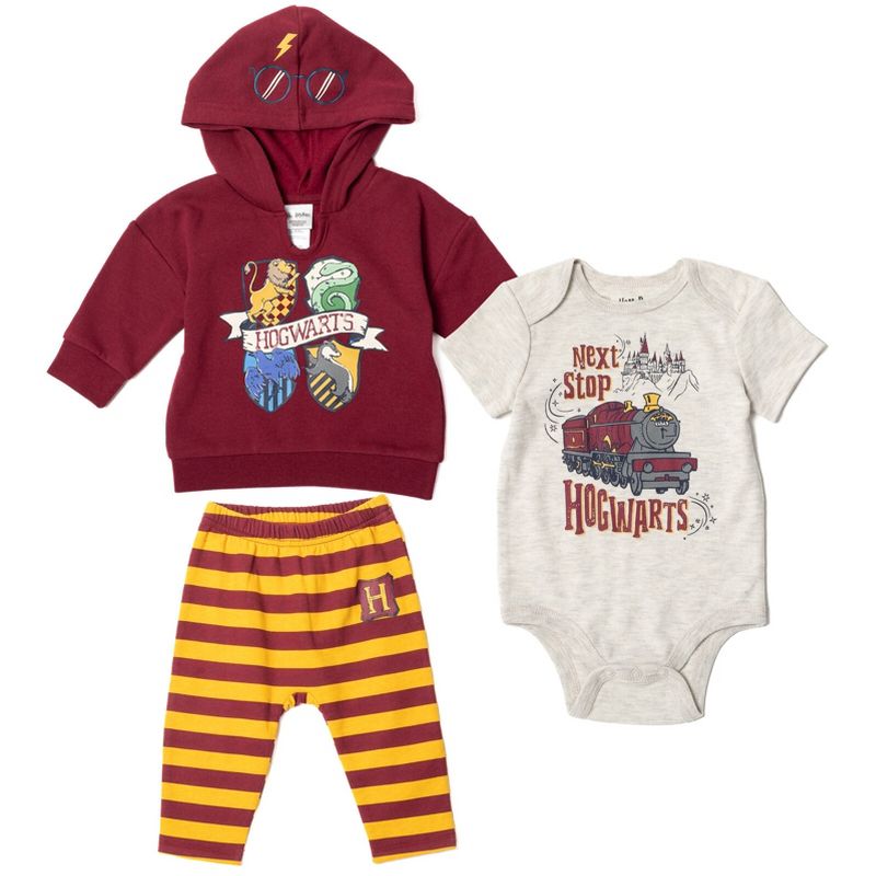 Harry Potter Baby Fleece Pullover Hoodie Bodysuit and Pants 3 Piece Outfit Set Newborn to Infant, 1 of 10
