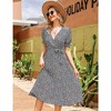 YesFashion Women's Wrap V Neck Floral Pleated Dress Short Lantern Sleeve Belted Flowy A Line Midi Dress - 4 of 4