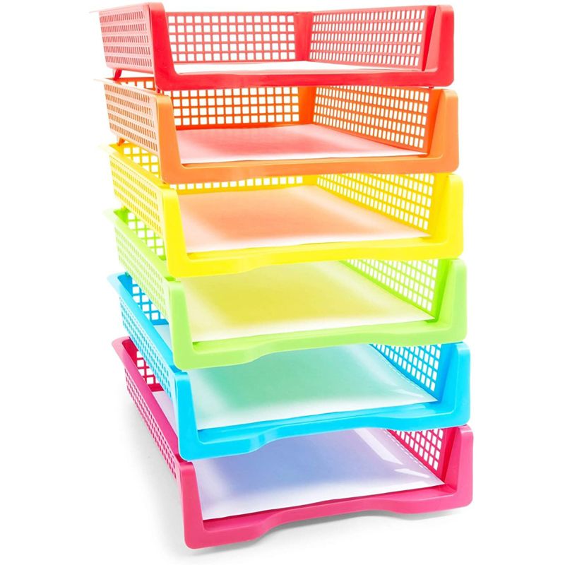 Bright Creations Set of 6 Rainbow Turn In Trays for Teachers, Plastic Classroom Paper Organizers, Colorful Storage Baskets for Office, 10 x 3 x 13 In, 1 of 9