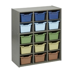 ECR4Kids Streamline 15 Cubby Tray Cabinet with 15 Scoop Front Storage Bins, 5x3, Grey Wash - 1 of 4