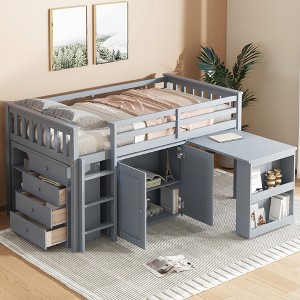 Whisen Twin Loft Bed with Drawers, Built-in Cabinet and Pulling-Out Desk, Rubber Wood Loft Bed with Safety Guardrail and Ladder - 1 of 4