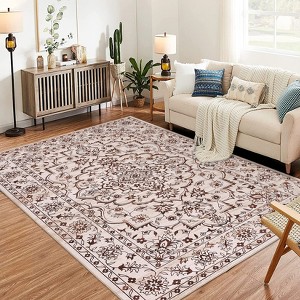 8x10 Camel Vintage Distressed Rug, Traditional Medallion Floral Carpet, Non-Slip Stain Resistant for Living Room, Bedroom - 1 of 4