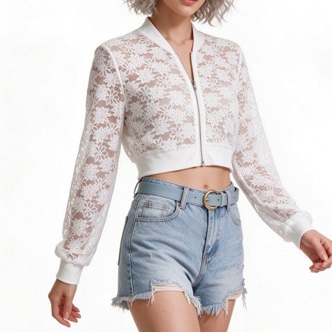 Женские куртки YesFashion Women's Lace Sheer Long Sleeve Zip-Up Cropped Bomber Jacket Trendy Casual Summer Layered Outerwear Lightweight Shirt White XL