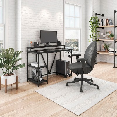 NicBex Home Office Desk Morden Computer Desk with Open Shelves, Stand with Wheels, Side Hook, Wooden Desktop and Metal Legs for Study and Work