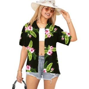 LA LEELA Button Down Shirt for Women Floral Summer Beach Party Tropical Blouses Short Sleeve Vacation Shirts Hawaiian for Women - 1 of 4