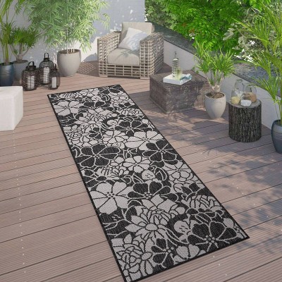 Black and White Floral Flat Woven Synthetic Runner Rug
